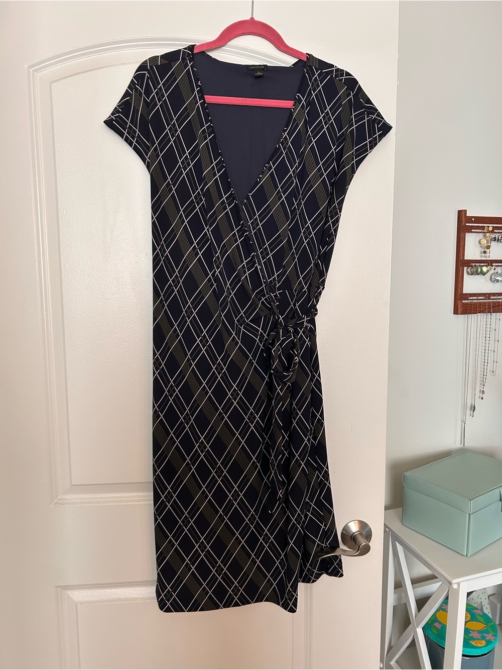 Ann Taylor Navy Blue/ Green Plaid Wrap Midi Dress